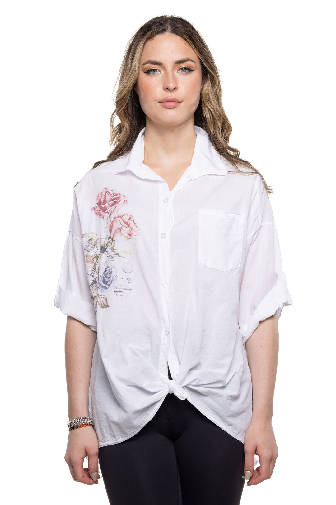 Etern Elle Summer 2024 This classic blouse features 3/4 length button cuffed sleeves and a front patch pocket for added convenience. Tie it up for a cool look that exudes style and versatility. 