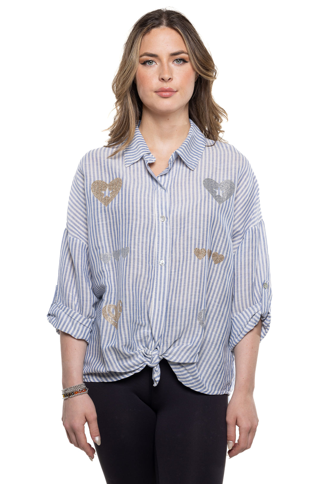 Etern Elle Summer 2024 This shirt features a unique glitter silver &amp; gold hearts design print that will add a touch of glamour to any outfit.