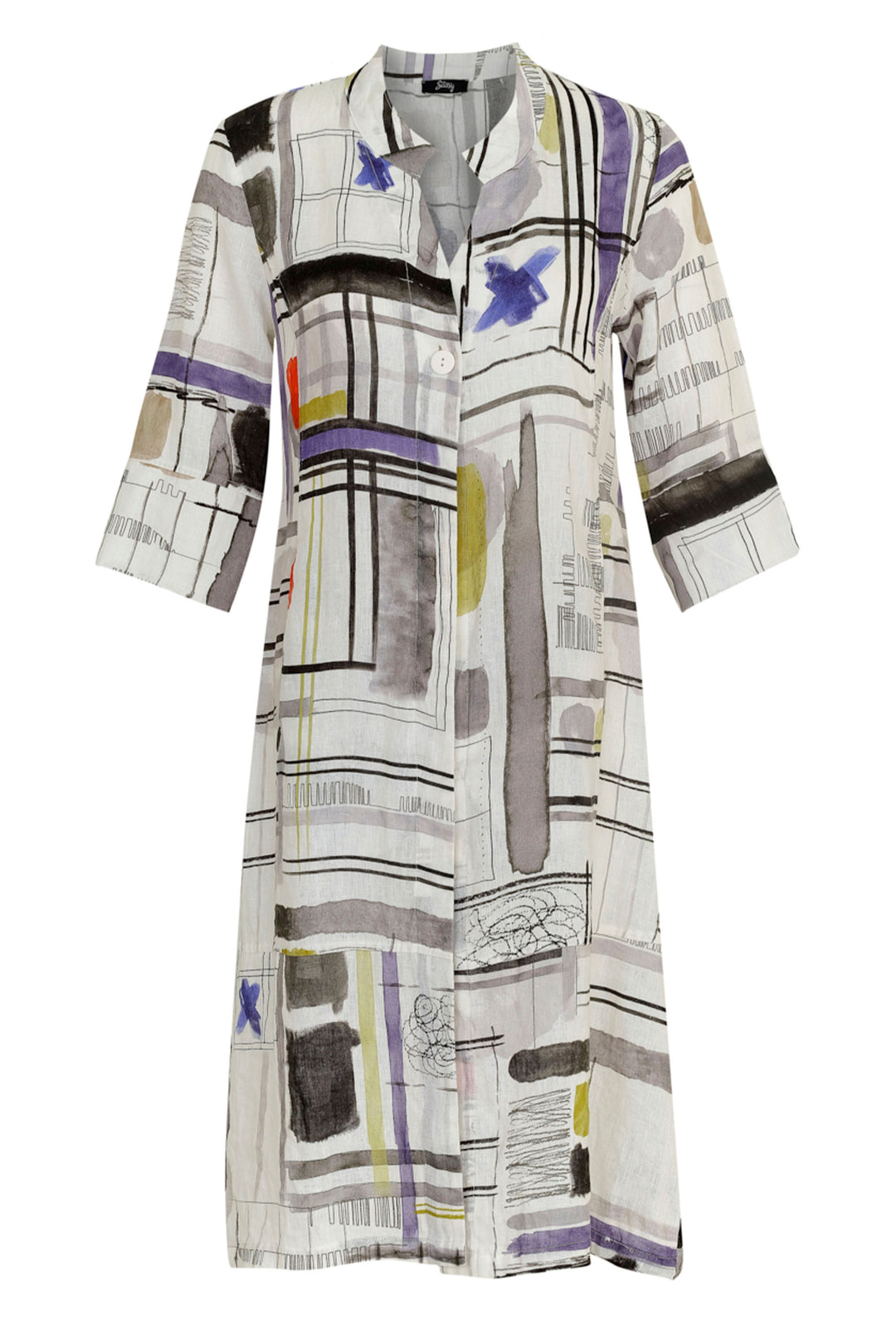 Ever Sassy Spring 2024 Linen dress with 3/4 sleeves. abstract print and front buttons