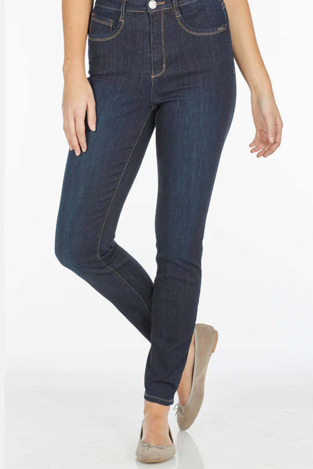Featuring COOLMAX fabric, this high-rise jean offers a slim and flattering fit with a five-pocket design.