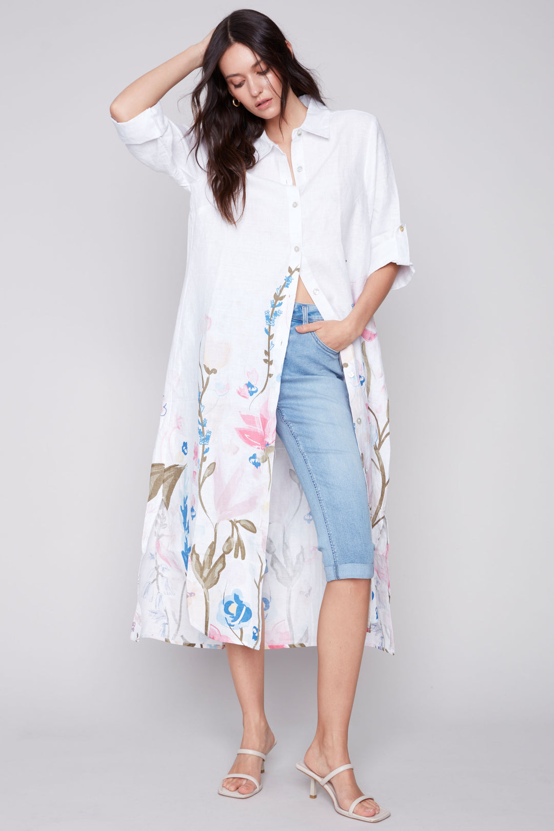 Charlie B spring 2024 women's casual linen long blouse duster shirt dress with floral print