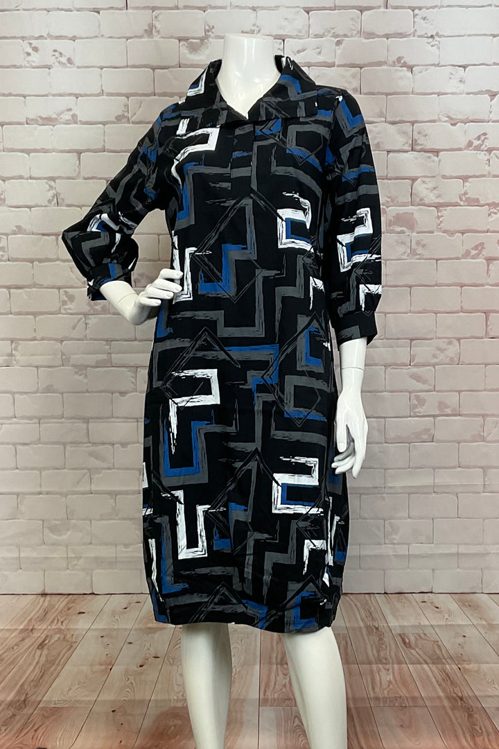 Ever Sassy Fall 2024 The neat geometric or abstract print adds a touch of elegance, while the skirt style and 3/4 straight sleeves provide comfort and versatility all season long.