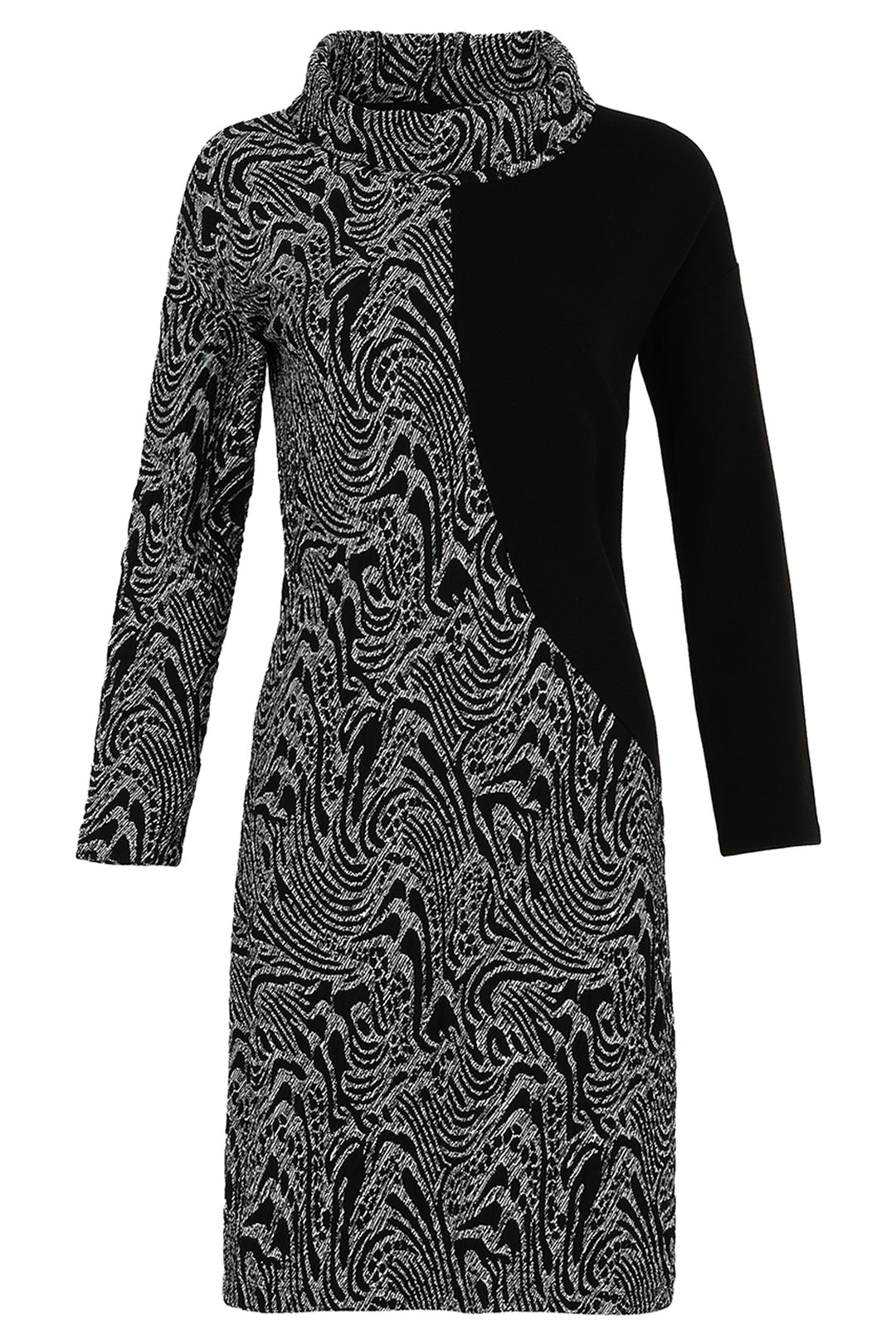 Ever Sassy Fall 2024 The Let Me Free Cowl Neck Dress is a versatile woven knit dress that creates a bold contrast with its black side and back. The cowl neck adds a touch of elegance to this dress, which features fall colour tones of black and grey with hints of green.