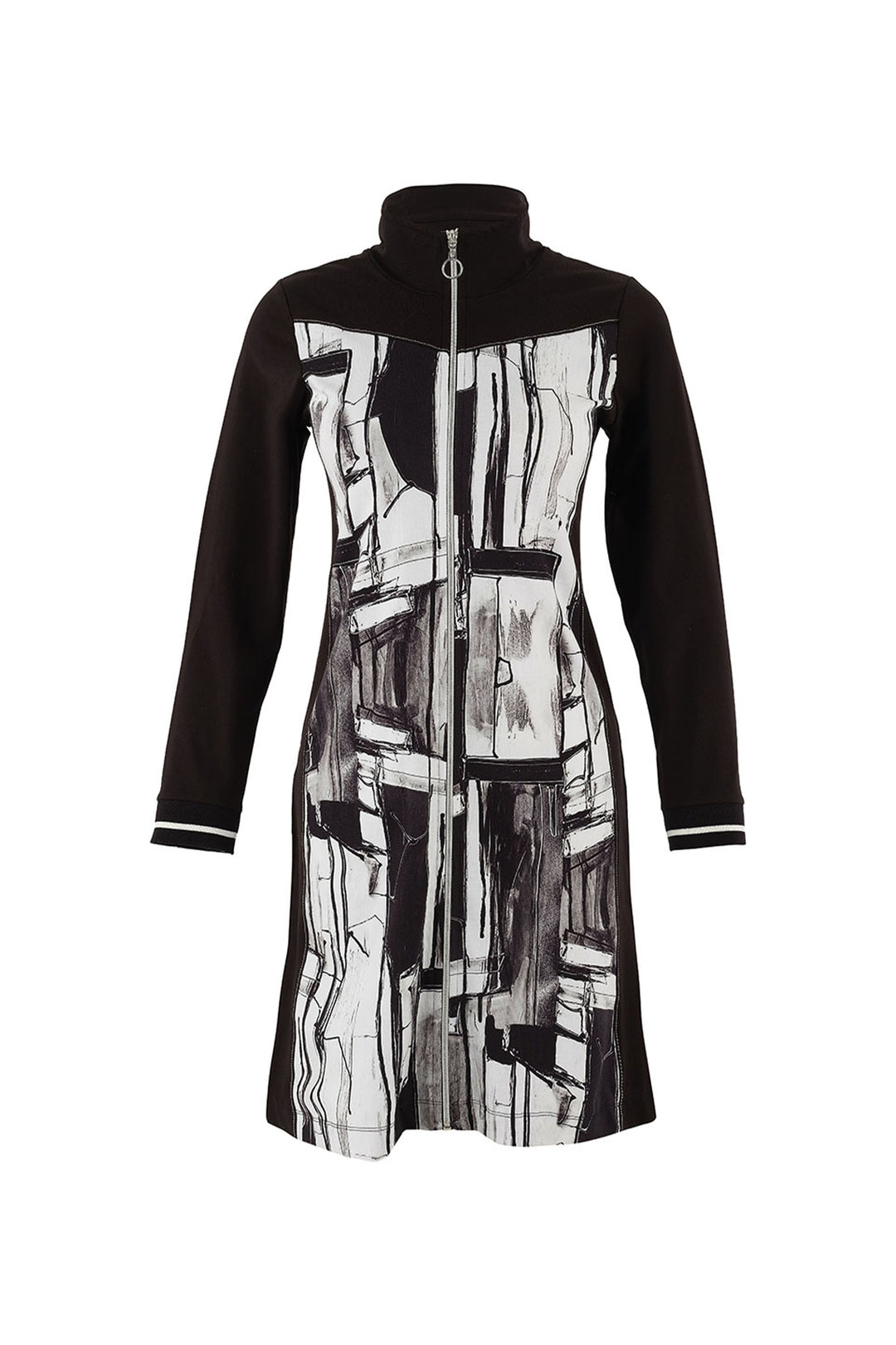 Dolcezza Fall 2025 
Featuring contrasting black sleeves with comfortable elastic cuffs, a high neck and a full front zipper closure, this dress combines practicality with chic design. Its more relaxed fit makes it super comfortable and easy to wear, making it the perfect transitional piece for cooler days.