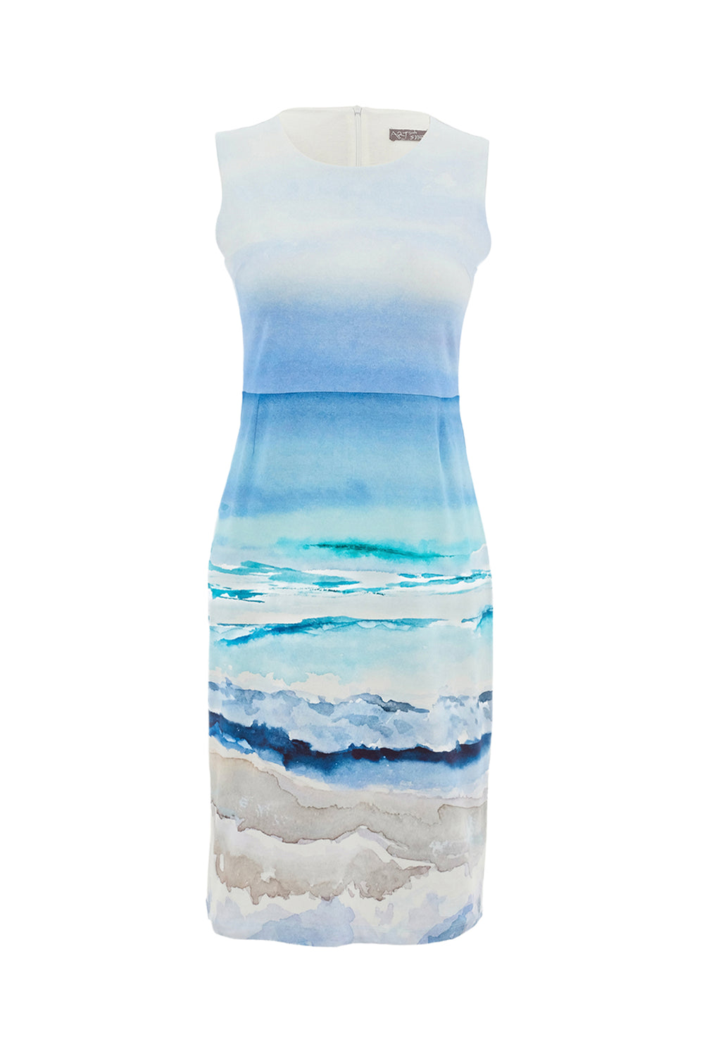 Blue and white dress with watercolor design on a white background