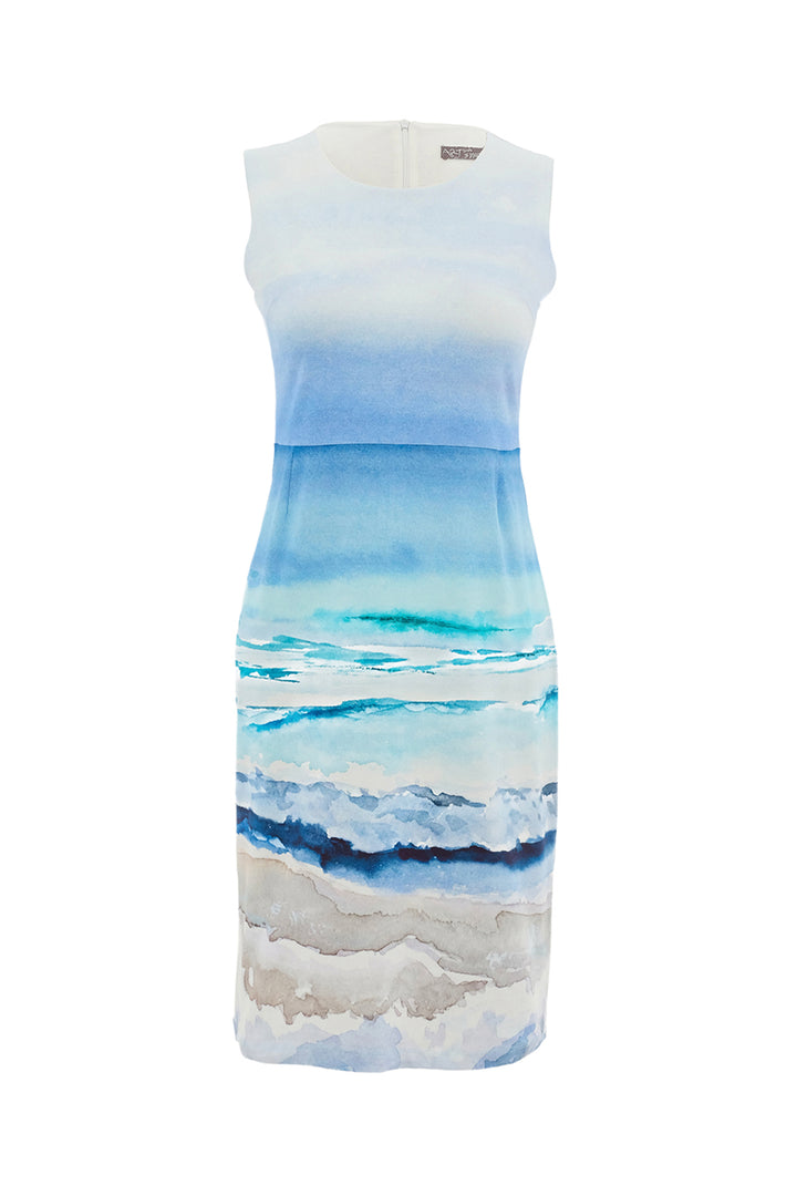 Blue and white dress with watercolor design on a white background