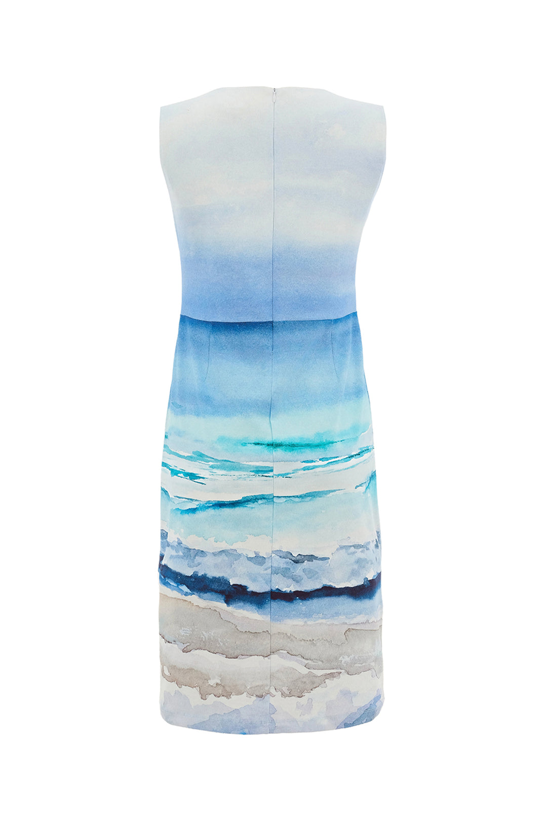 Blue and white strapless dress with watercolor design on a white background