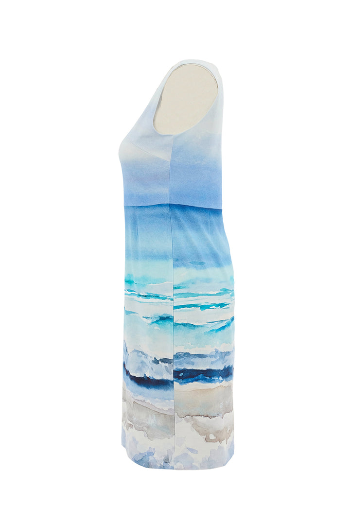 One-shoulder dress with watercolor design on a white background