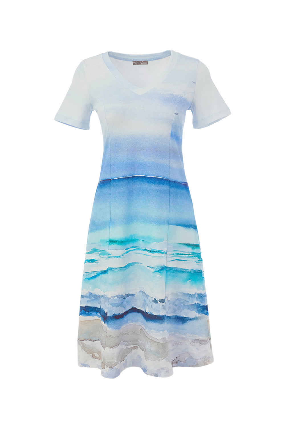 Dress with blue and white watercolor pattern on a white background