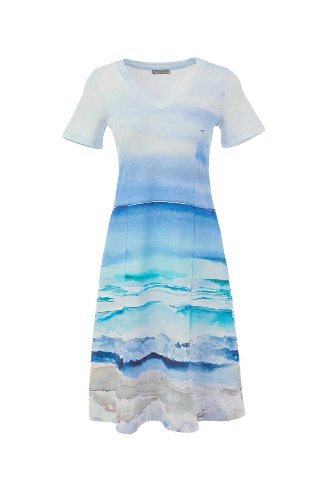 Dress with blue and white watercolor pattern on a white background