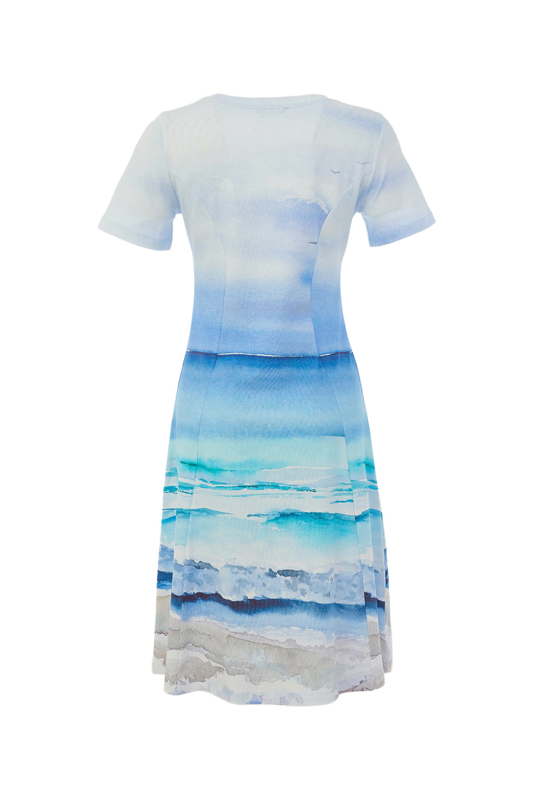 Dress with a watercolor design of blue and white on a white background