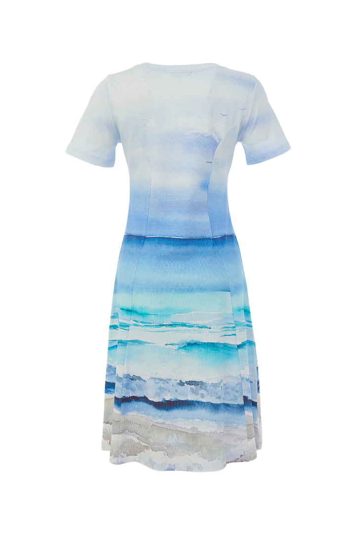 Dress with a watercolor design of blue and white on a white background