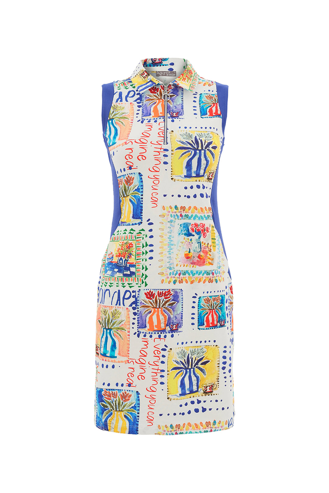 Colorful sleeveless dress with pattern on a white background