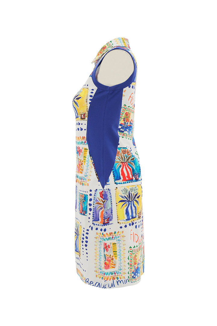 Colorful dress with abstract patterns on a white background