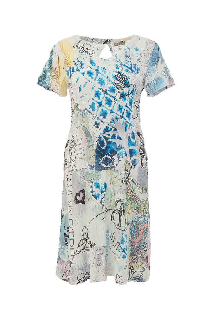 Multicolored dress with abstract pattern on a white background