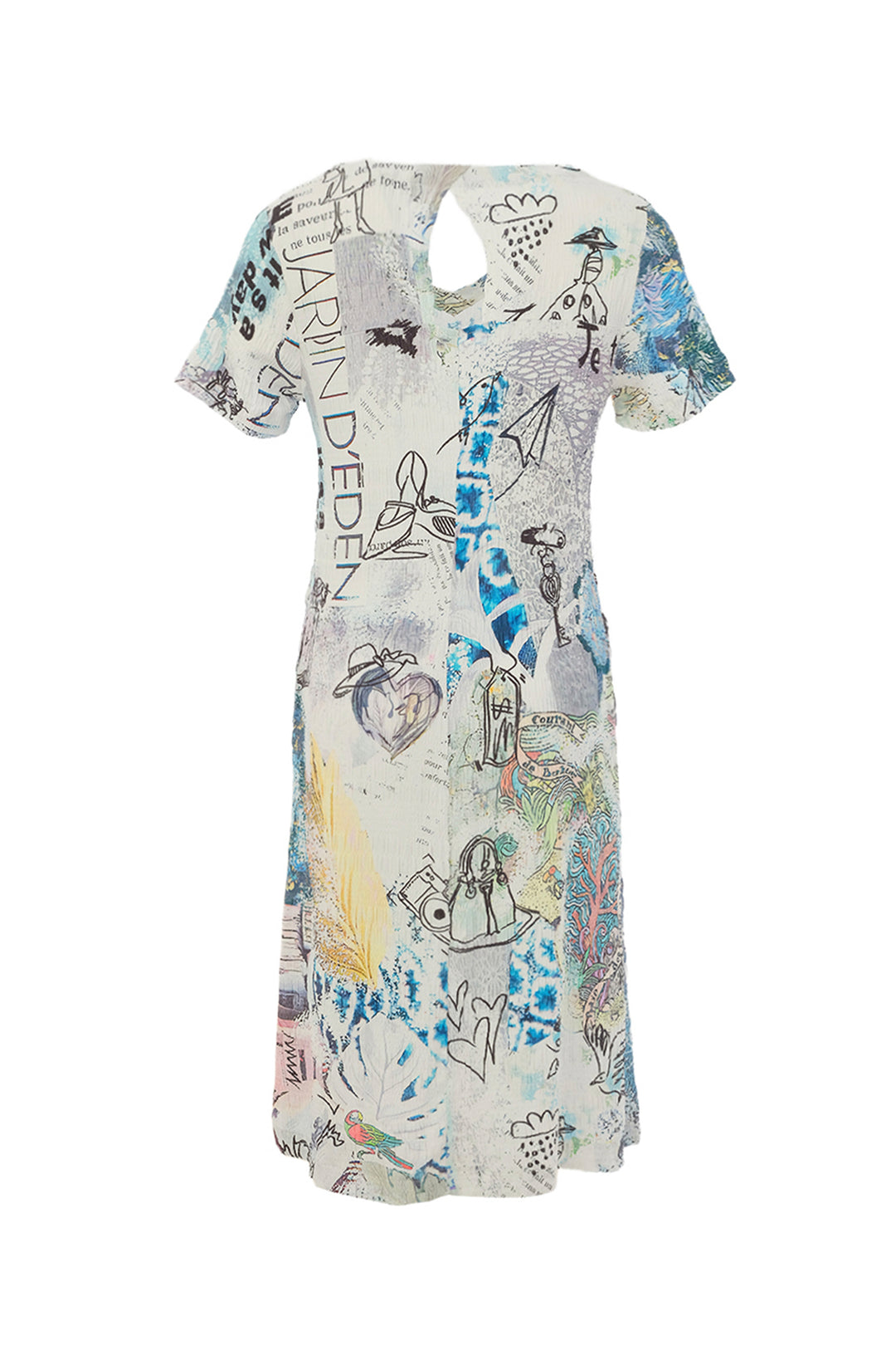 Dress with artistic print and text on a white background