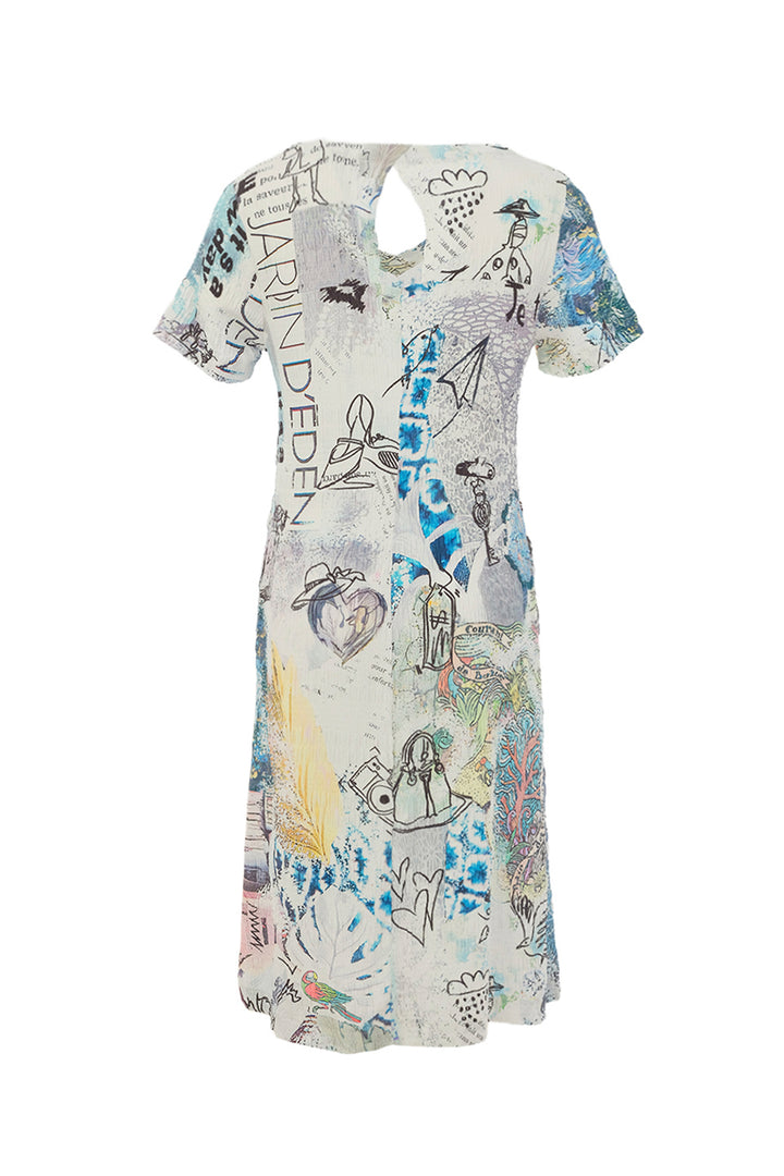 Dress with artistic print and text on a white background