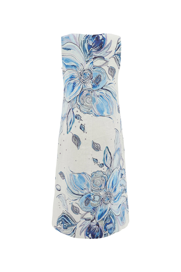 BLUE FLOWERS LINEN SLEEVELESS DRESS