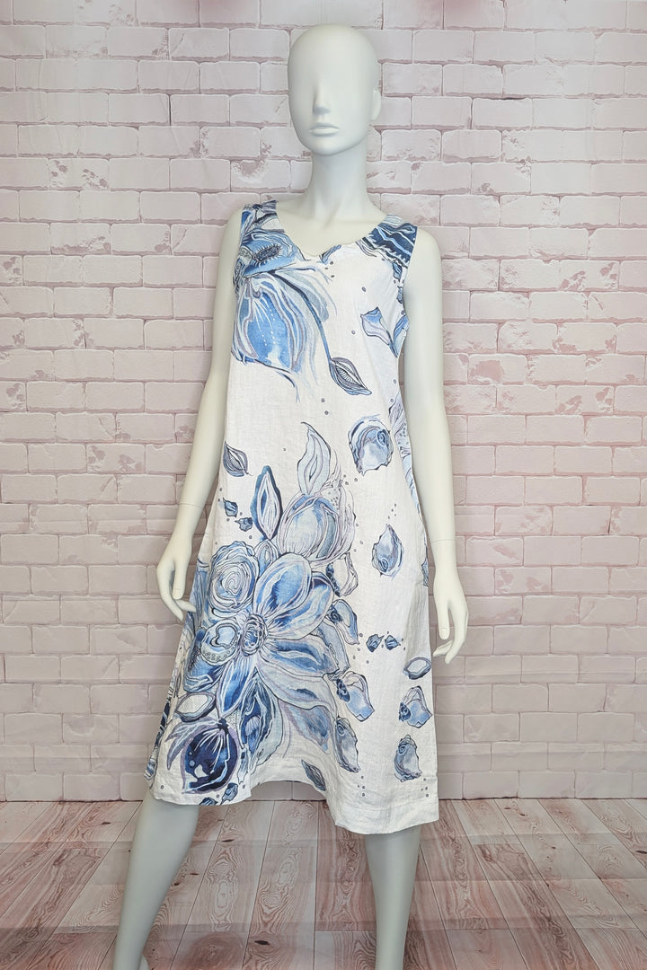 BLUE FLOWERS LINEN SLEEVELESS DRESS