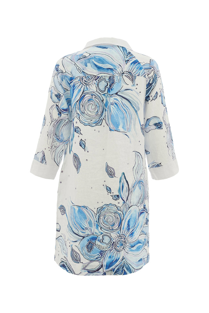 BLUE FLOWERS LINEN DRESS WITH COLLAR