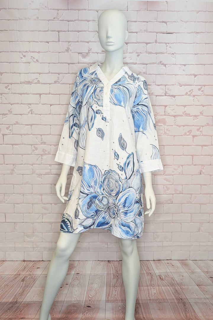 BLUE FLOWERS LINEN DRESS WITH COLLAR