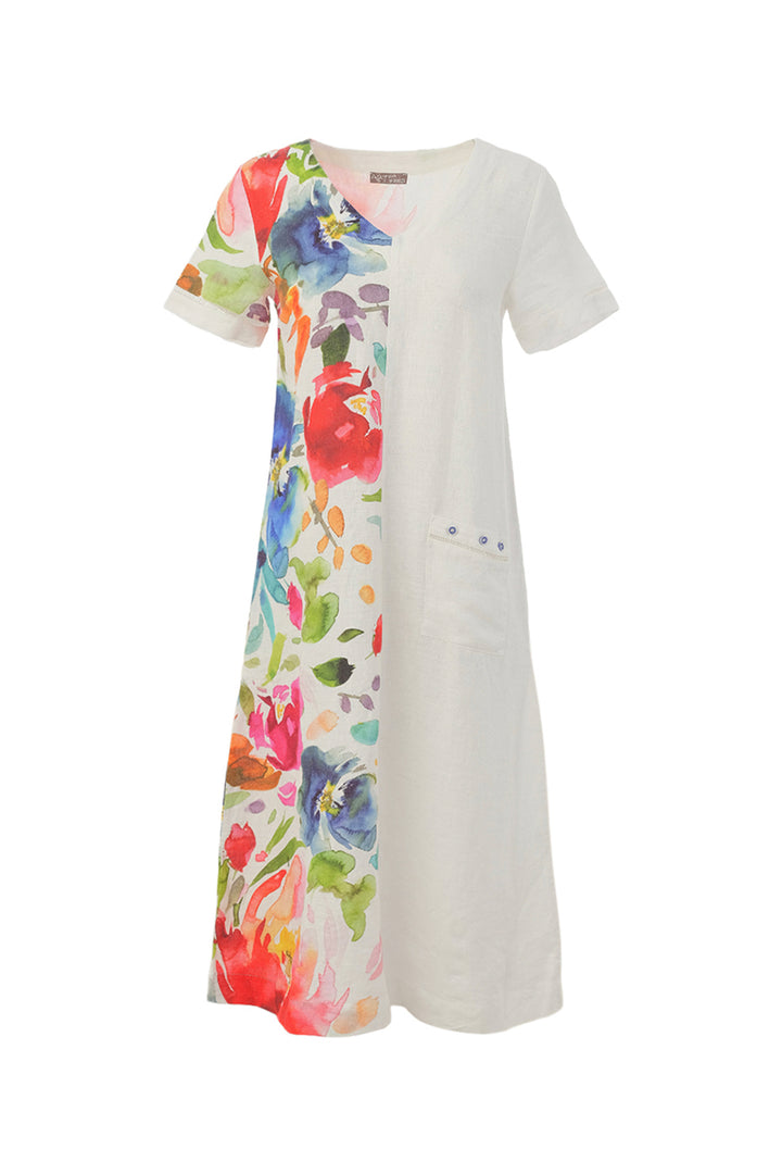 SPRING DELIGHT LINEN SS V-NECK A-LINE DRESS