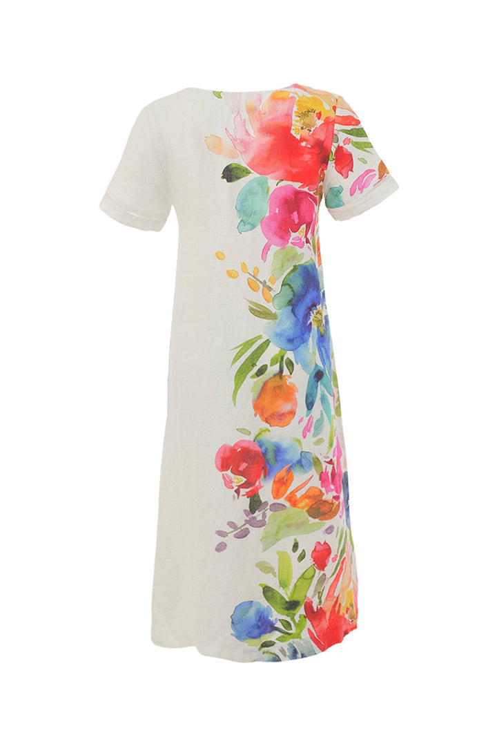 SPRING DELIGHT LINEN SS V-NECK A-LINE DRESS
