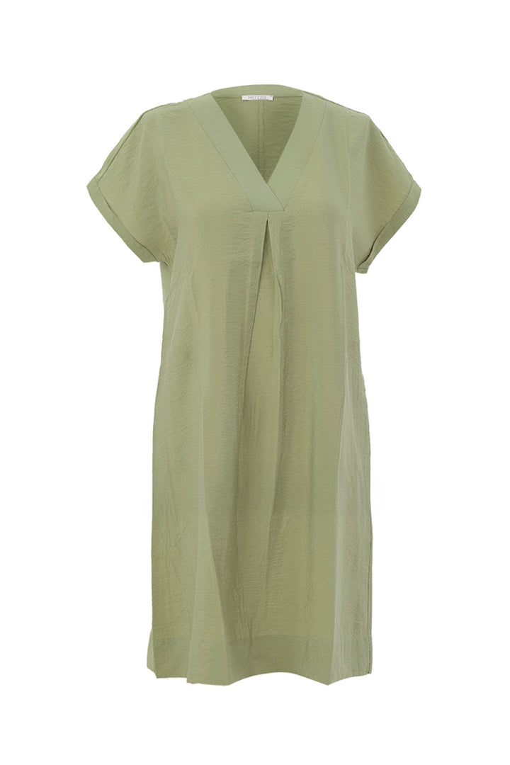 Green garden dress with a V-neckline on a white background