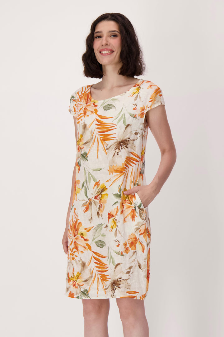 PALM LINEN CAP SLEEVE SHIFT DRESS