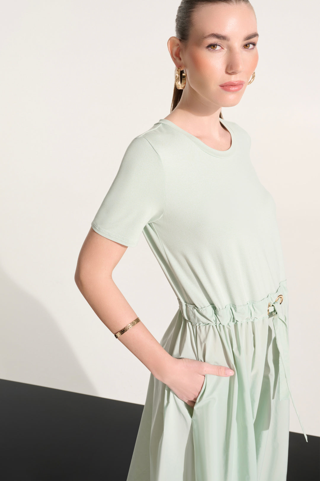 JERSEY &amp; MEMORY TIE WAIST DRESS