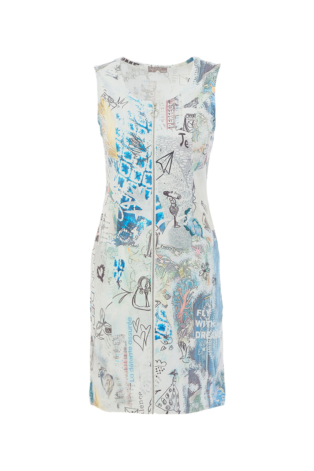 Sleeveless dress with a colorful abstract pattern on a white background