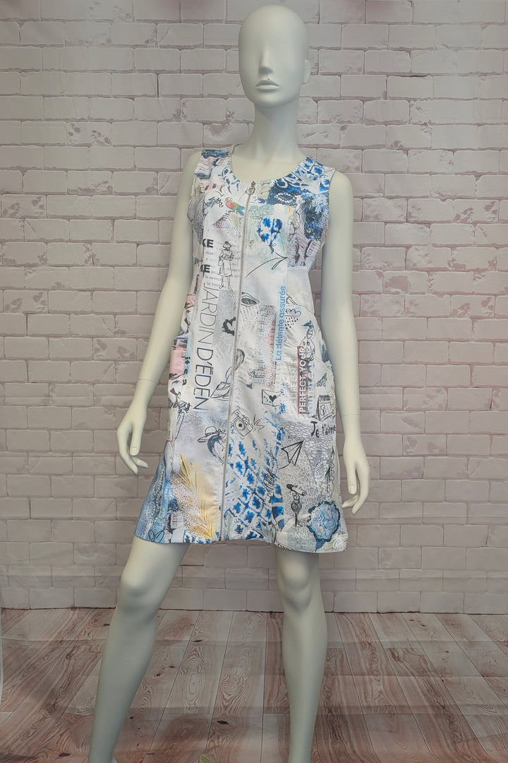 COLLAGE ZIP FRONT SLEEVELESS DRESS