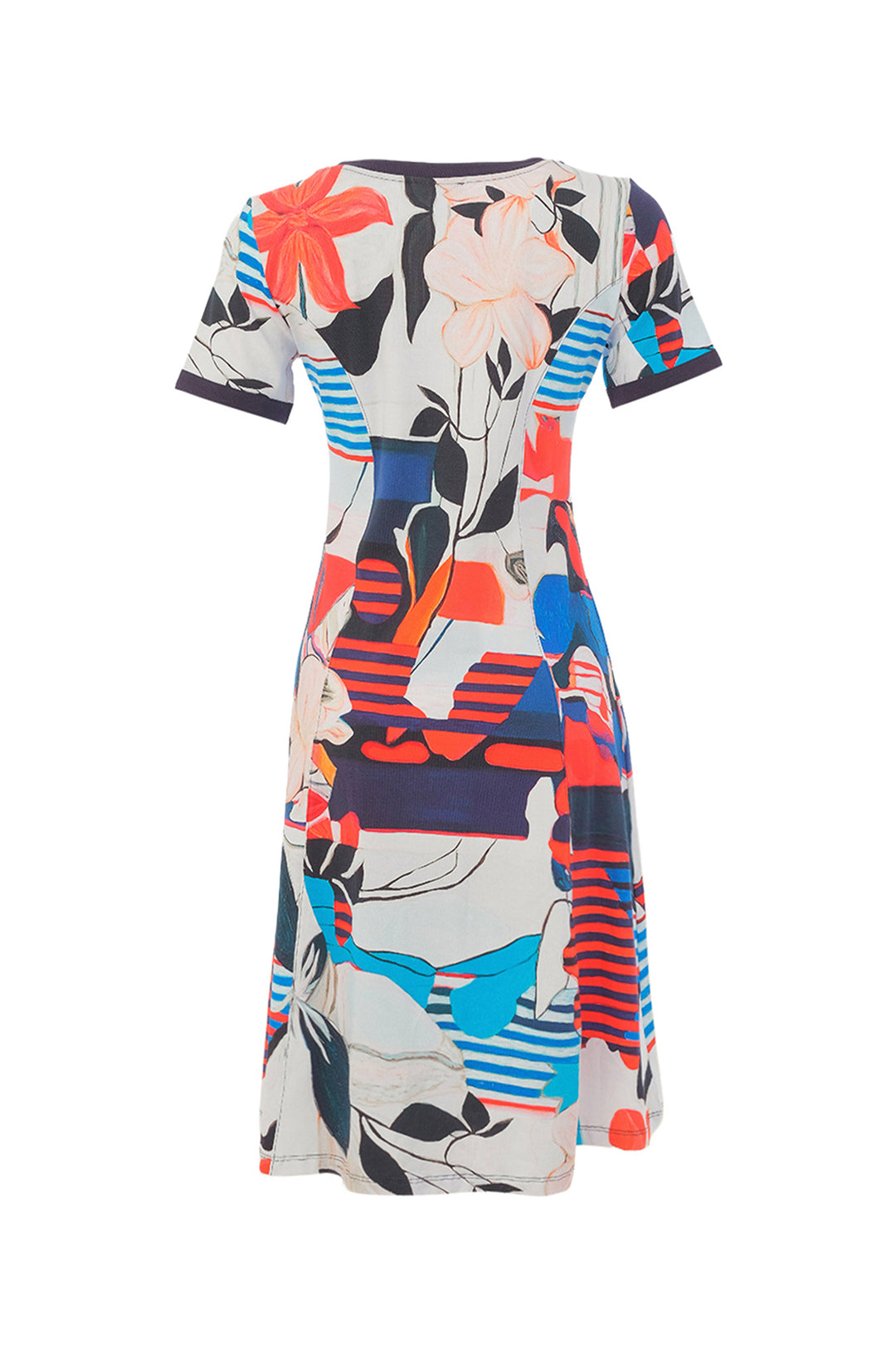 INTERLACED SS V-NECK FIT &amp; FLARE DRESS