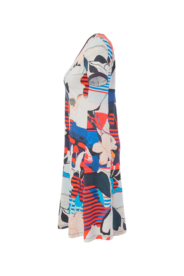 INTERLACED SS V-NECK FIT &amp; FLARE DRESS