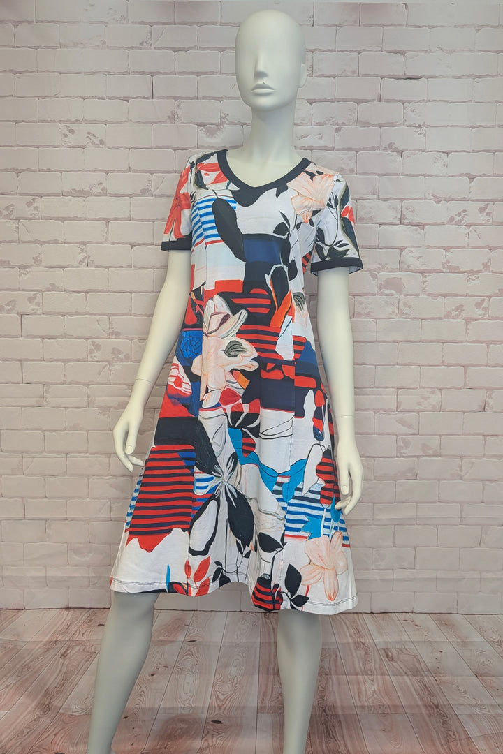 INTERLACED SS V-NECK FIT &amp; FLARE DRESS