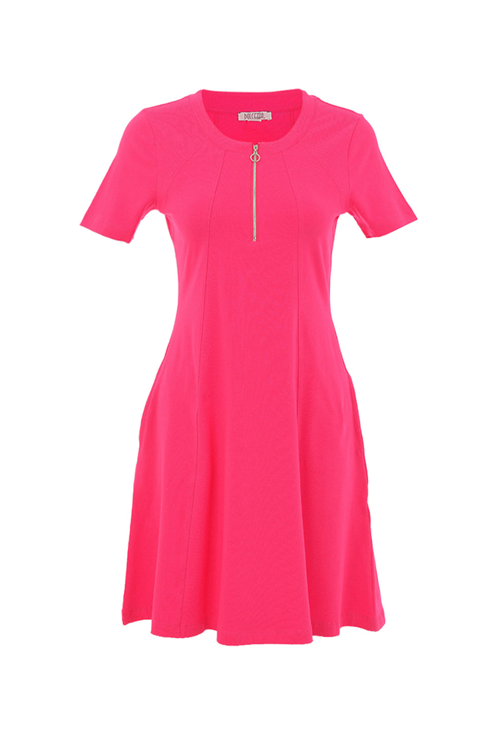 Pink dress with short sleeves and a zipper on a white background