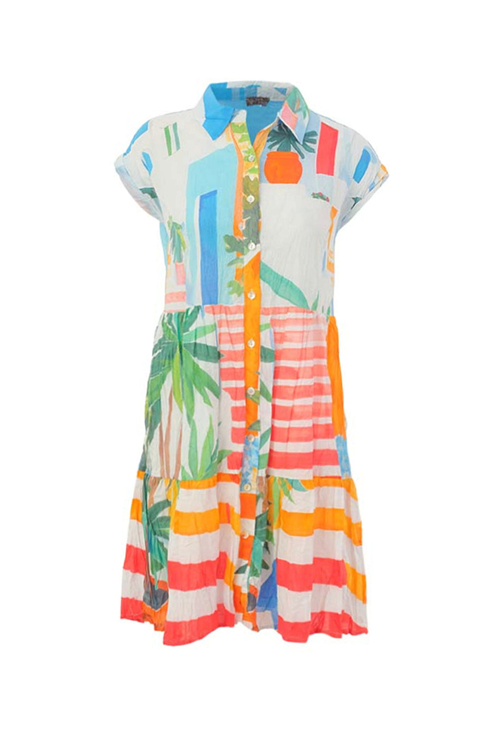 Colorful cotton dress with tropical pattern on a white background