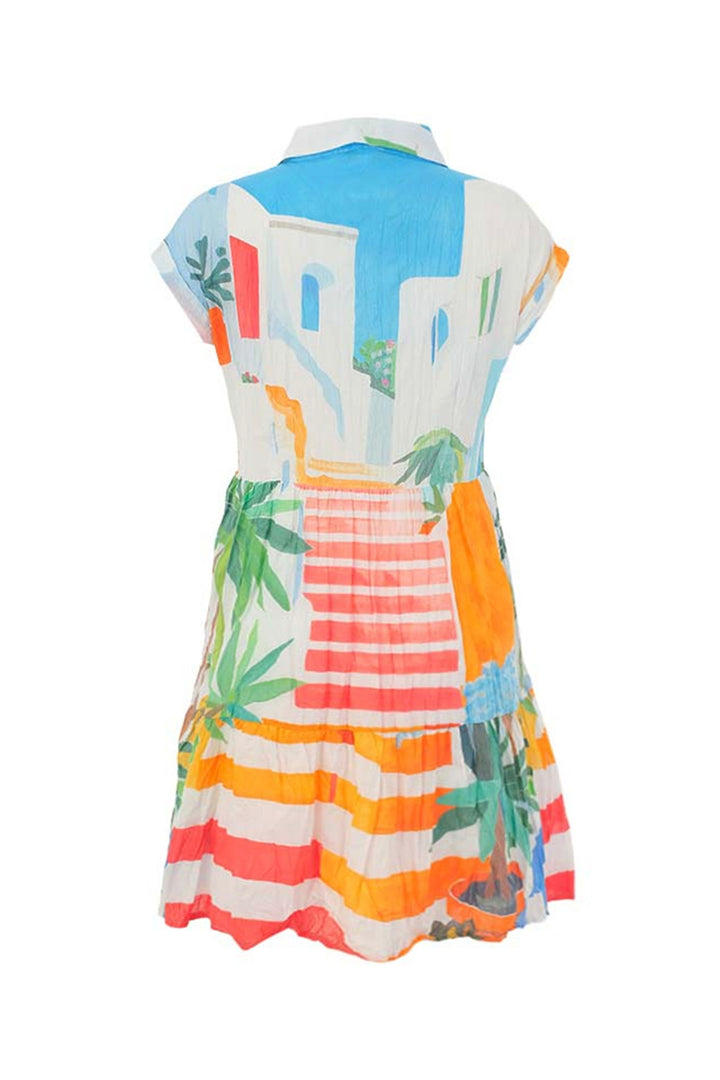POTS ON THE STAIRS CRINKLE BUTTON FRONT TIERED DRESS