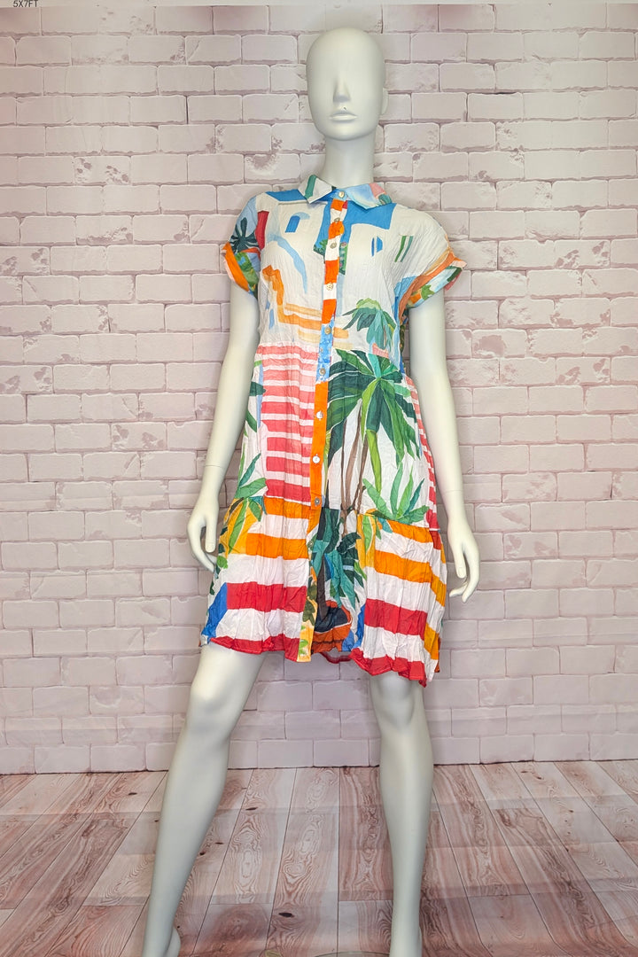 POTS ON THE STAIRS CRINKLE BUTTON FRONT TIERED DRESS
