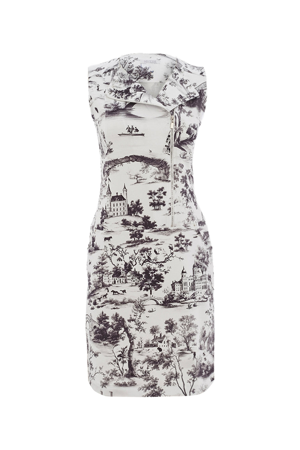 Black and white sleeveless zip dress with nature print on a white background