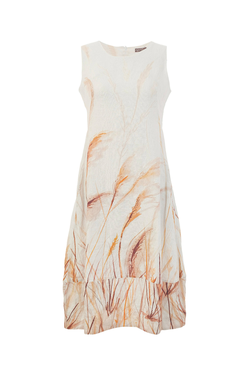 White sleeveless dress with brown abstract pattern on a white background