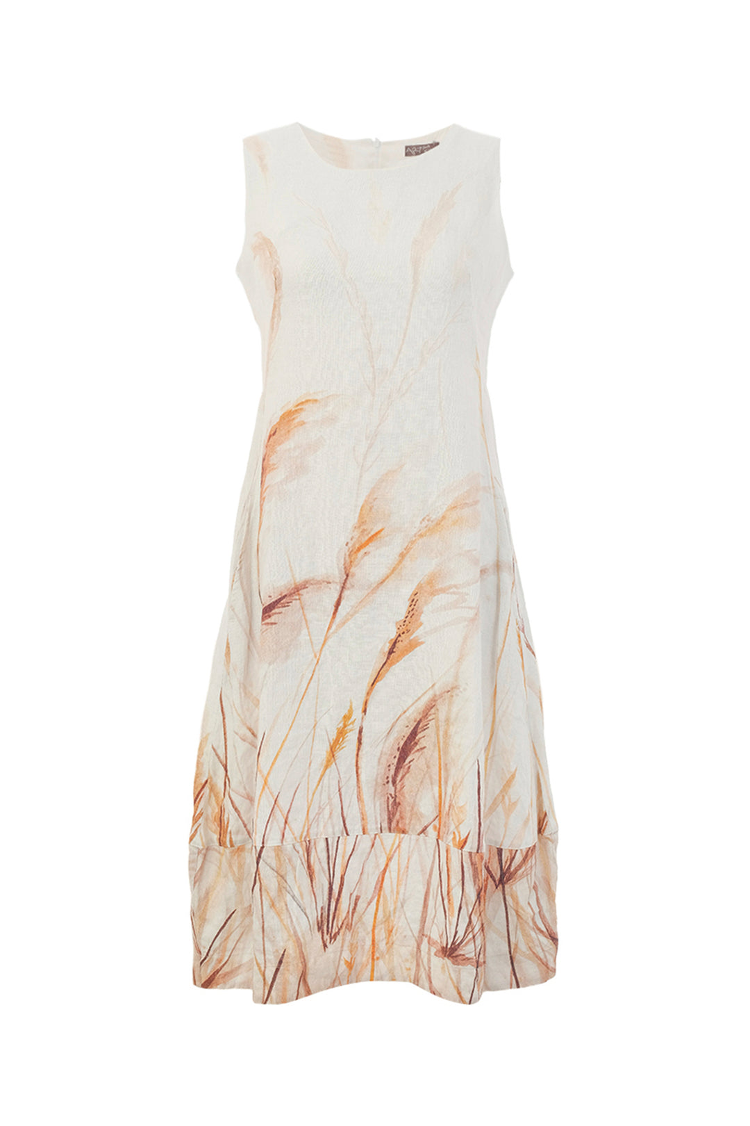 White sleeveless dress with brown abstract pattern on a white background