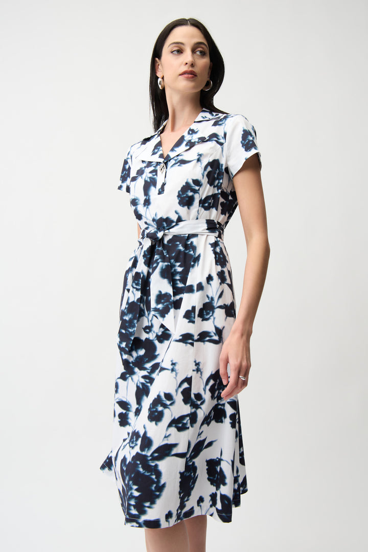 BLURRED FLORAL FIT &amp; FLARE TIE WAIST DRESS