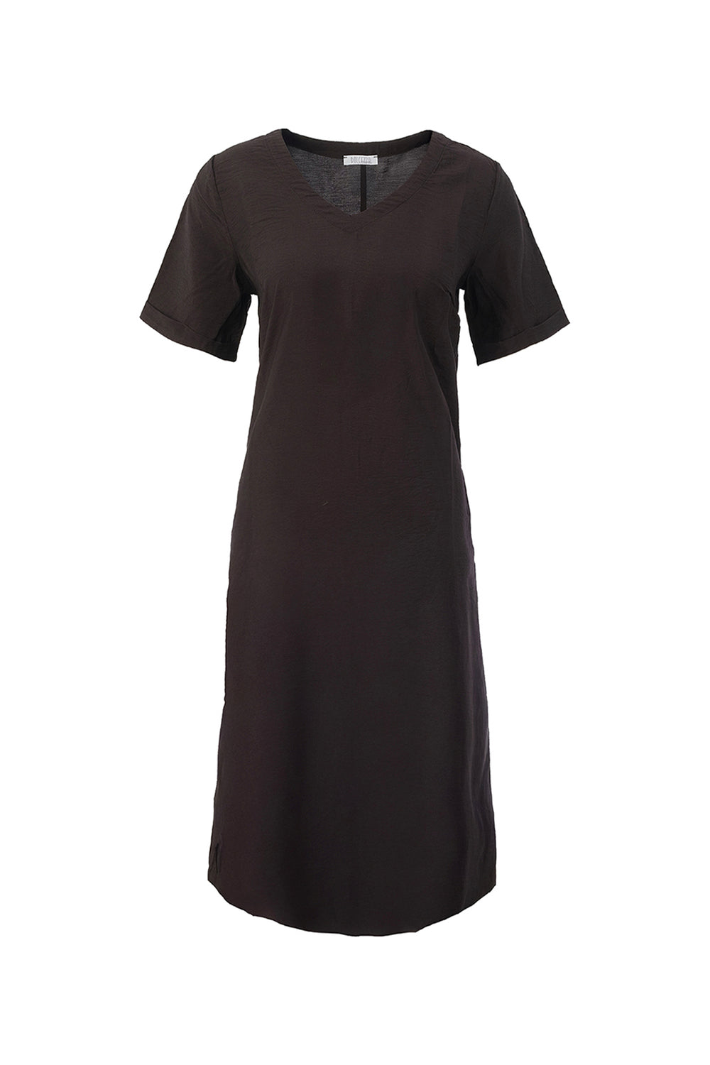Black dress with v-neck and short sleeves on a white background