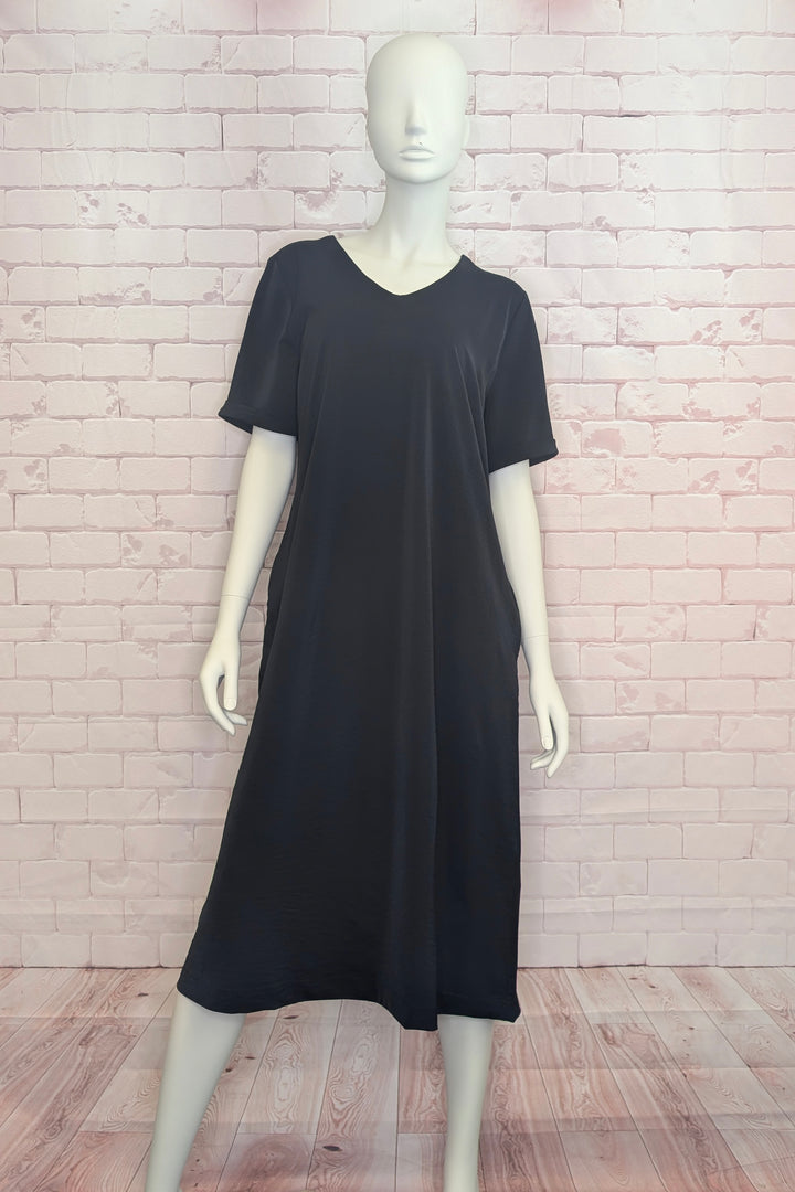 LONG SS V-NECK DRESS