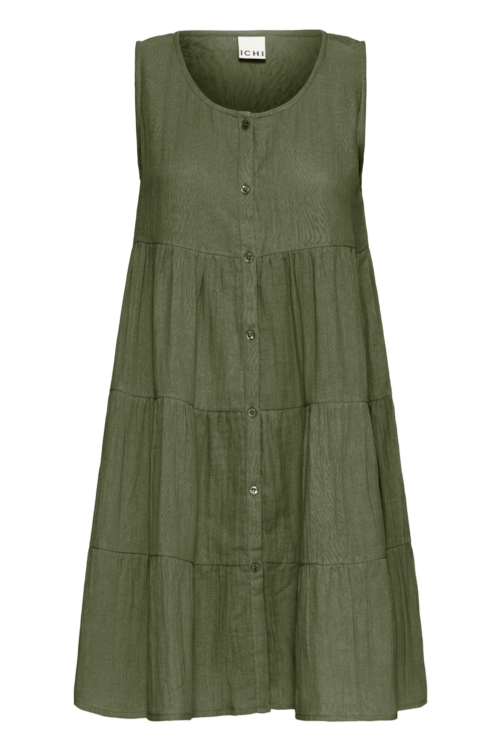 Black sleeveless dress with front buttons and tiers on a white background