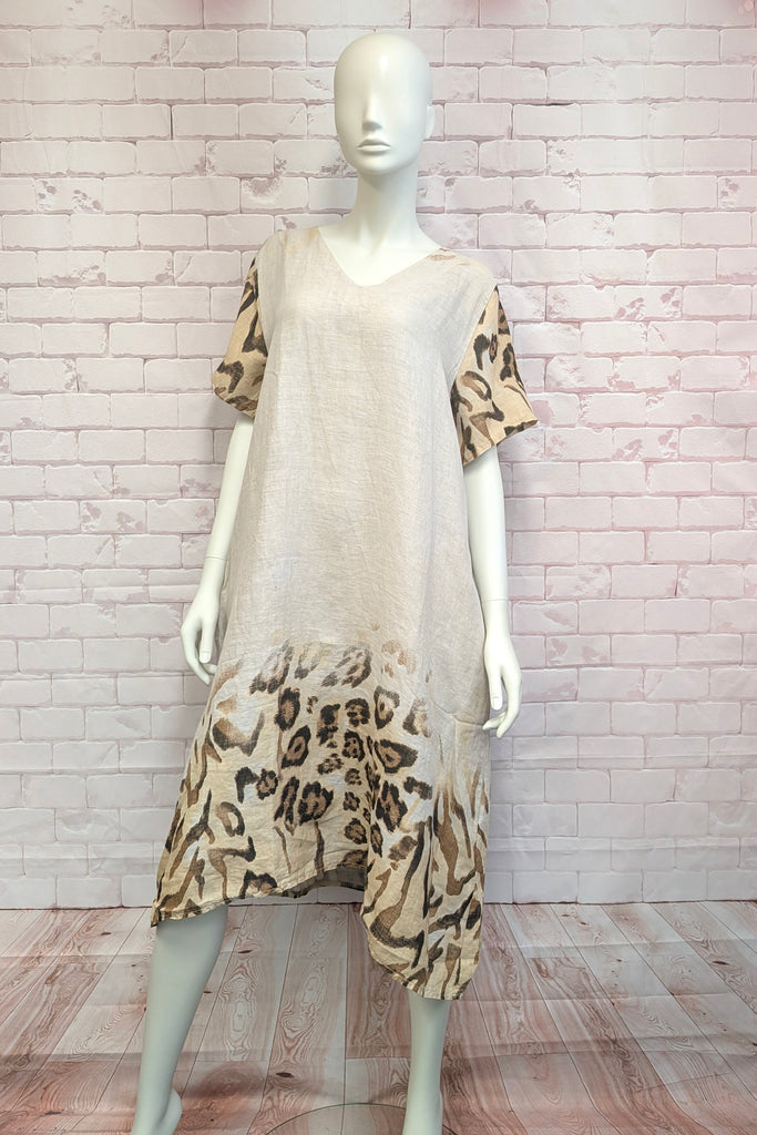 LINEN DRESS WITH ANIMAL PRINT  Aldila Boutique