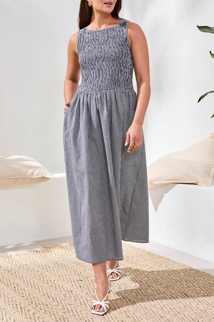 GINGHAM SMOCKED BODICE DRESS