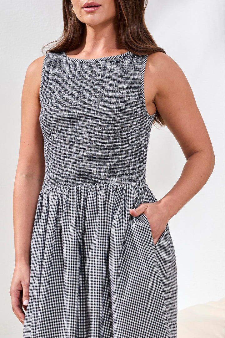 GINGHAM SMOCKED BODICE DRESS
