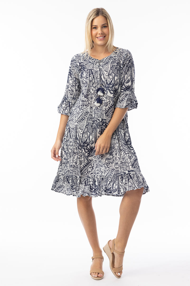 CRINKLE FRILL SLEEVE PINCH PLEAT DRESS